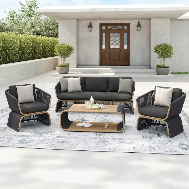 Ensemble de conversation extérieur 4 pièces en osier Corvus Ida avec tissu Sunbrella