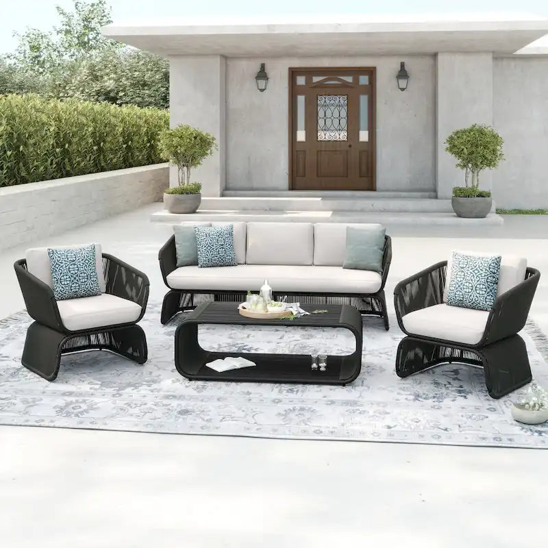 Ensemble de conversation extérieur 4 pièces en osier Corvus Ida avec tissu Sunbrella