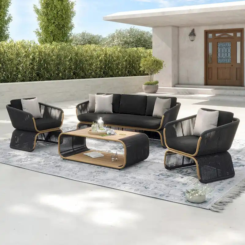 Ensemble de conversation extérieur 4 pièces en osier Corvus Ida avec tissu Sunbrella