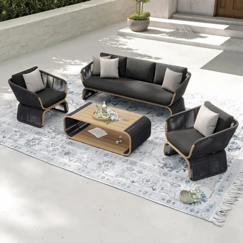 Ensemble de conversation extérieur 4 pièces en osier Corvus Ida avec tissu Sunbrella