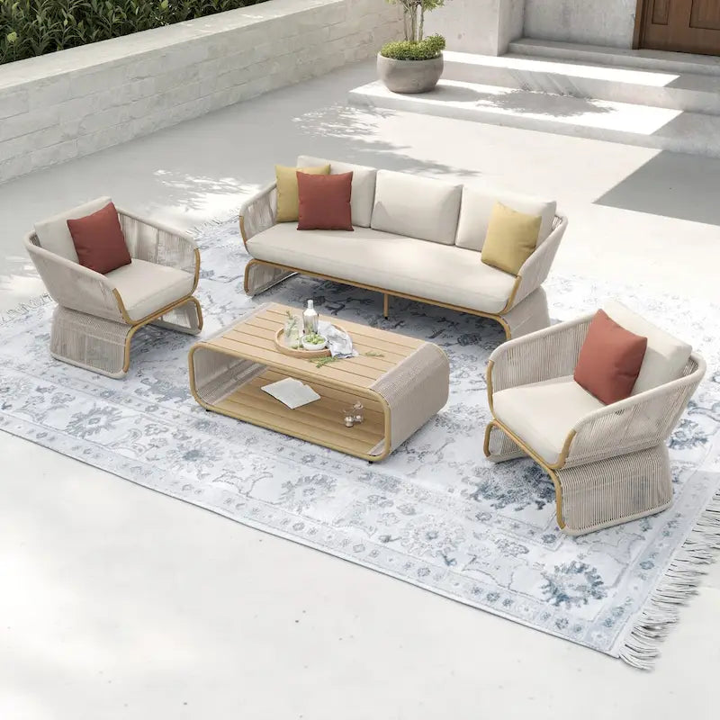 Ensemble de conversation extérieur 4 pièces en osier Corvus Ida avec tissu Sunbrella