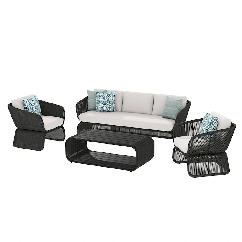 Ensemble de conversation extérieur 4 pièces en osier Corvus Ida avec tissu Sunbrella