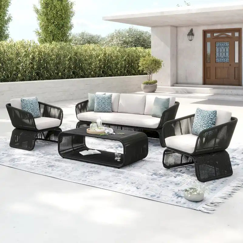 Ensemble de conversation extérieur 4 pièces en osier Corvus Ida avec tissu Sunbrella