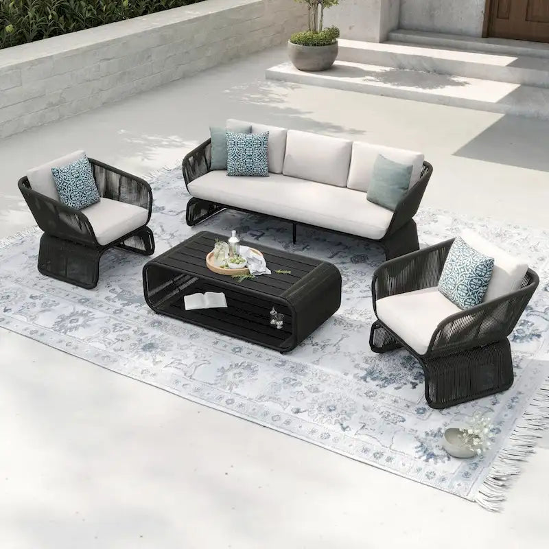 Ensemble de conversation extérieur 4 pièces en osier Corvus Ida avec tissu Sunbrella