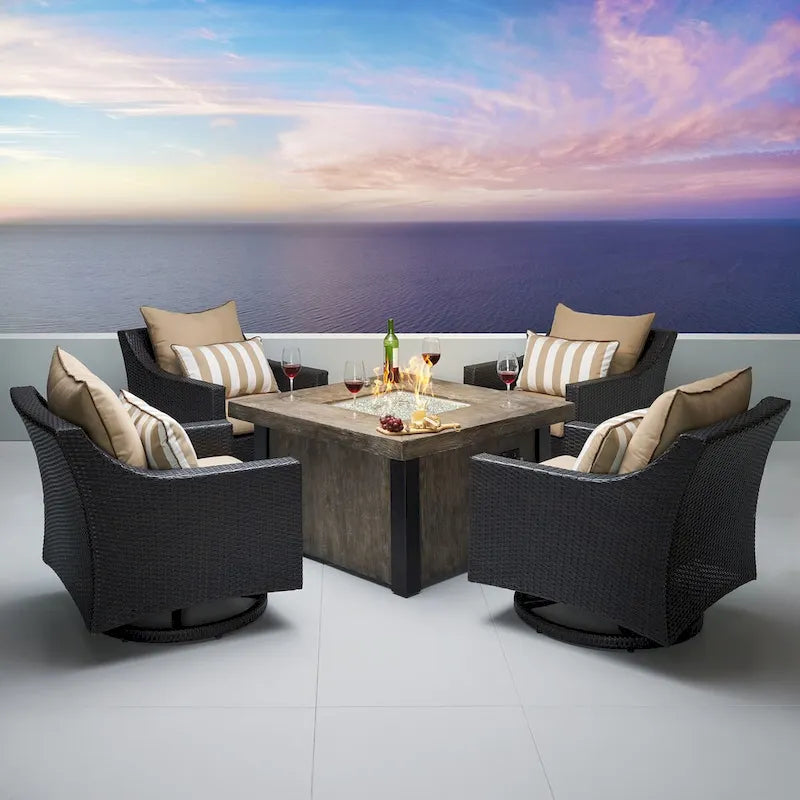 Ensemble de conversation de patio Deco 5 pièces Sunbrella avec brasero et fauteuils pivotants