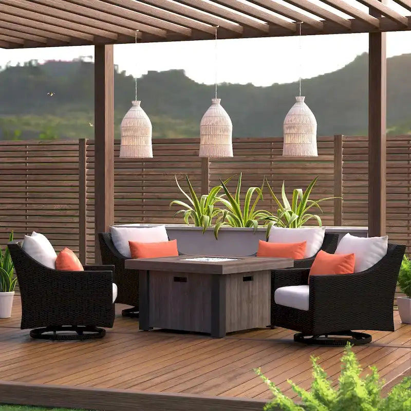 Ensemble de conversation de patio Deco 5 pièces Sunbrella avec brasero et fauteuils pivotants