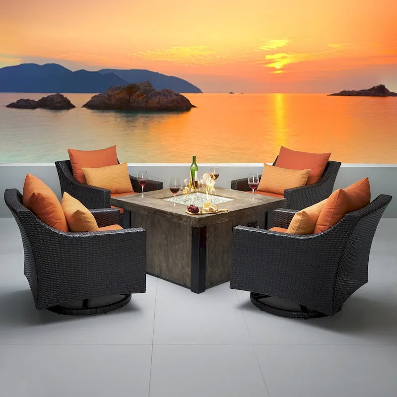 Ensemble de conversation de patio Deco 5 pièces Sunbrella avec brasero et fauteuils pivotants