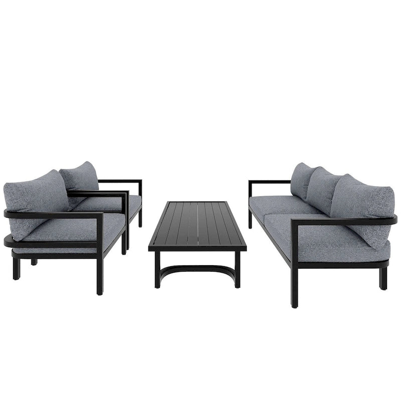 Canapé d'angle d'extérieur en acier 4 places avec table et coussins