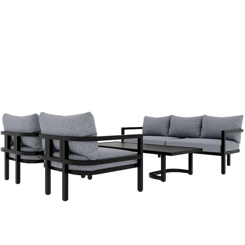 Canapé d'angle d'extérieur en acier 4 places avec table et coussins
