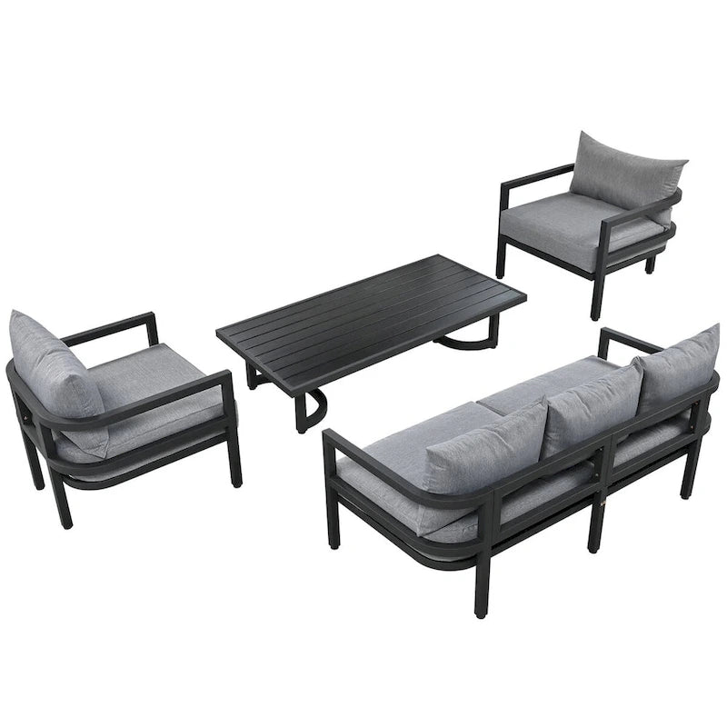 Canapé d'angle d'extérieur en acier 4 places avec table et coussins
