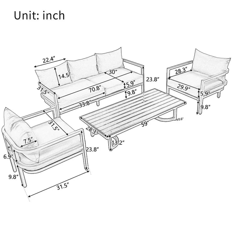 Canapé d'angle d'extérieur en acier 4 places avec table et coussins