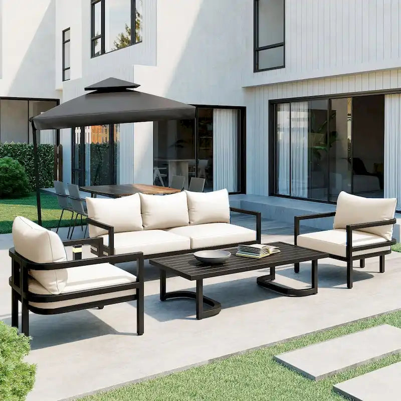 Canapé d'angle d'extérieur en acier 4 places avec table et coussins