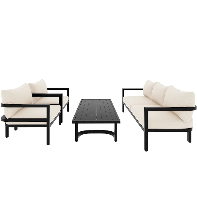 Canapé d'angle d'extérieur en acier 4 places avec table et coussins