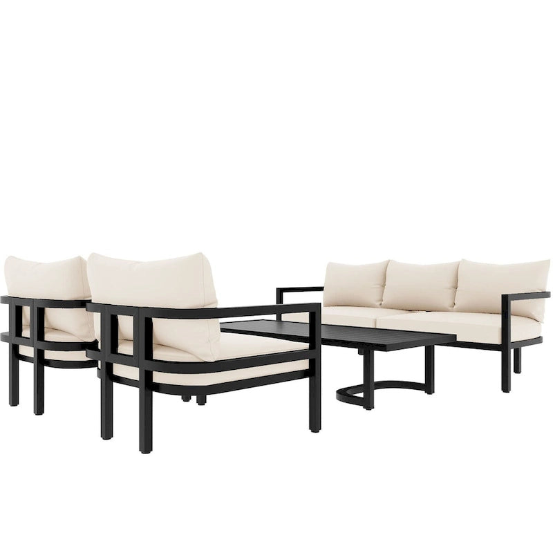 Canapé d'angle d'extérieur en acier 4 places avec table et coussins