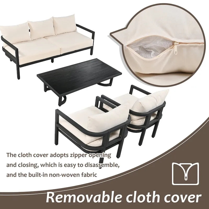 Canapé d'angle d'extérieur en acier 4 places avec table et coussins