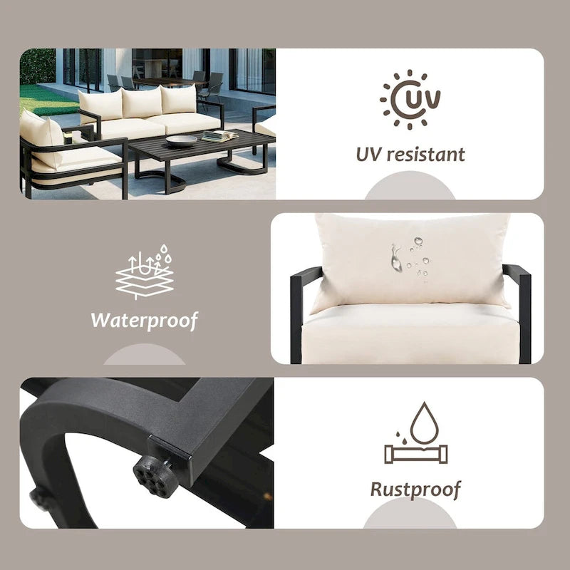 Canapé d'angle d'extérieur en acier 4 places avec table et coussins