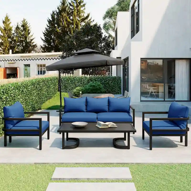 Canapé d'angle d'extérieur en acier 4 places avec table et coussins