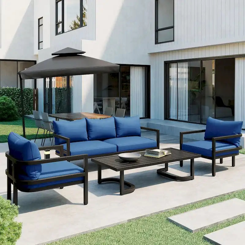 Canapé d'angle d'extérieur en acier 4 places avec table et coussins