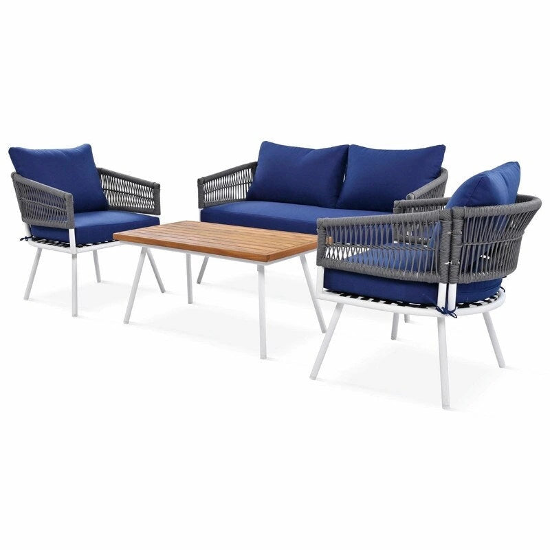 Salon de jardin bohème 4 pièces en corde : Assise d'extérieur avec table en bois d'acacia, Coussins épais