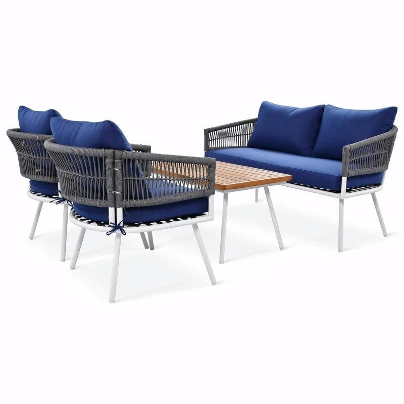 Salon de jardin bohème 4 pièces en corde : Assise d'extérieur avec table en bois d'acacia, Coussins épais