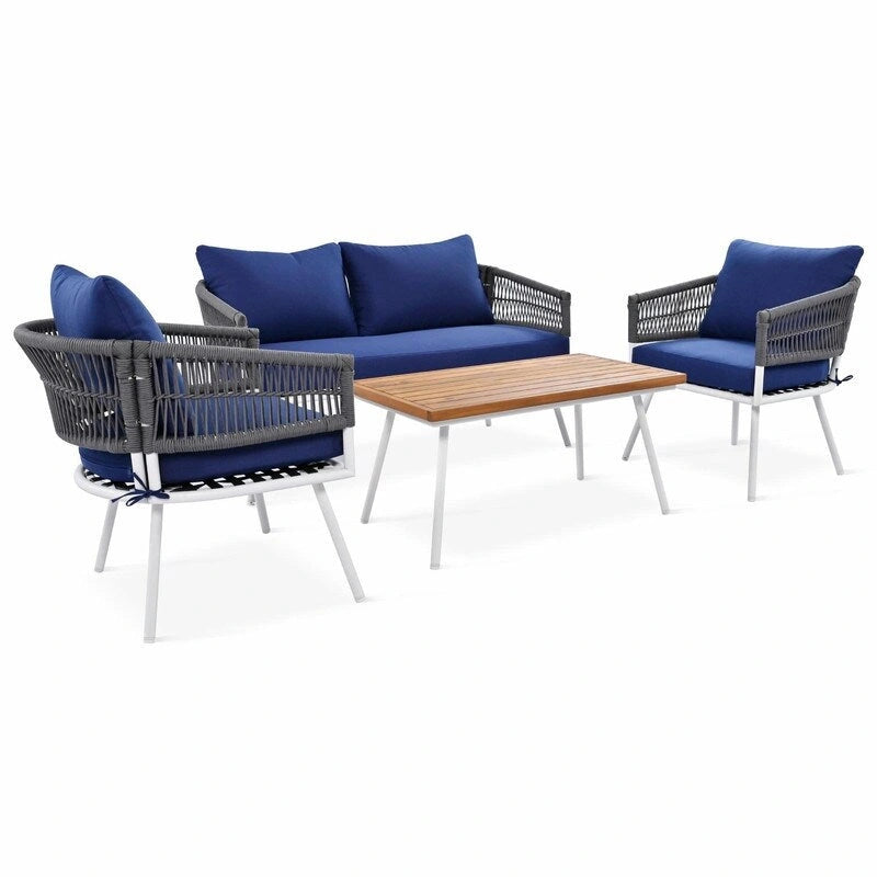 Salon de jardin bohème 4 pièces en corde : Assise d'extérieur avec table en bois d'acacia, Coussins épais