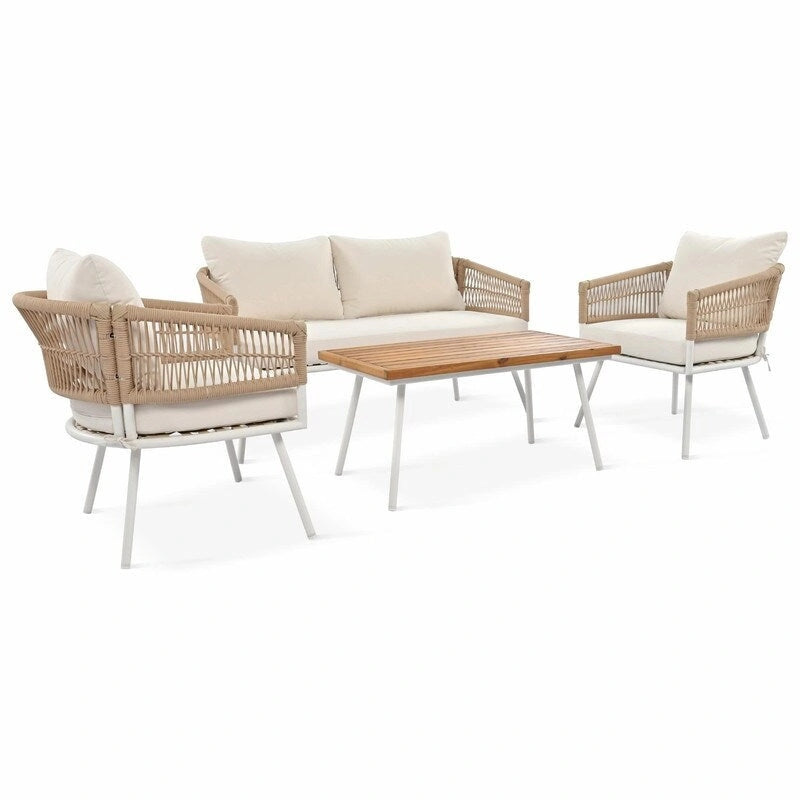 Salon de jardin bohème 4 pièces en corde : Assise d'extérieur avec table en bois d'acacia, Coussins épais