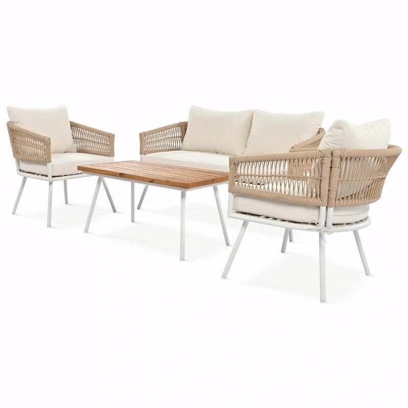 Salon de jardin bohème 4 pièces en corde : Assise d'extérieur avec table en bois d'acacia, Coussins épais
