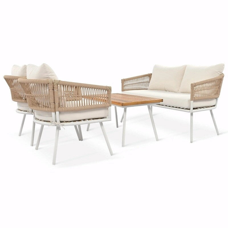 Salon de jardin bohème 4 pièces en corde : Assise d'extérieur avec table en bois d'acacia, Coussins épais