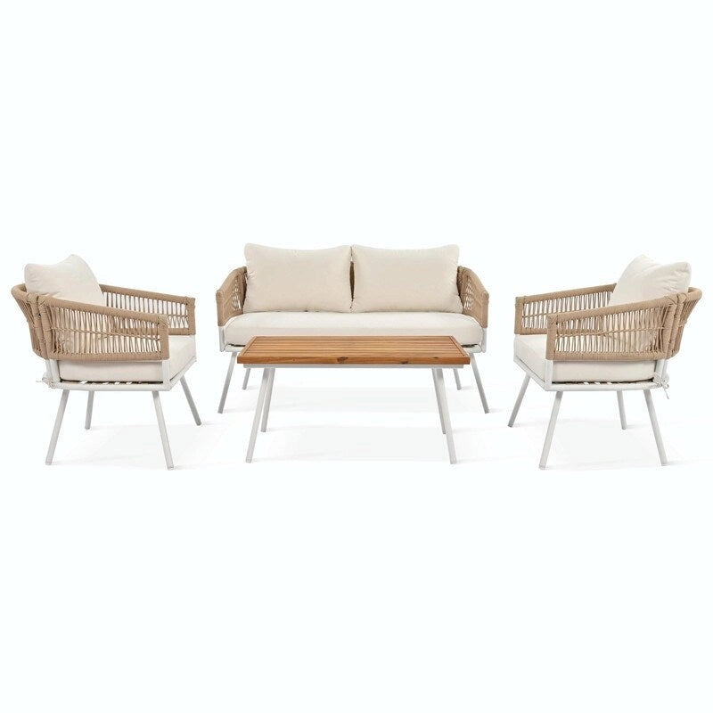 Salon de jardin bohème 4 pièces en corde : Assise d'extérieur avec table en bois d'acacia, Coussins épais
