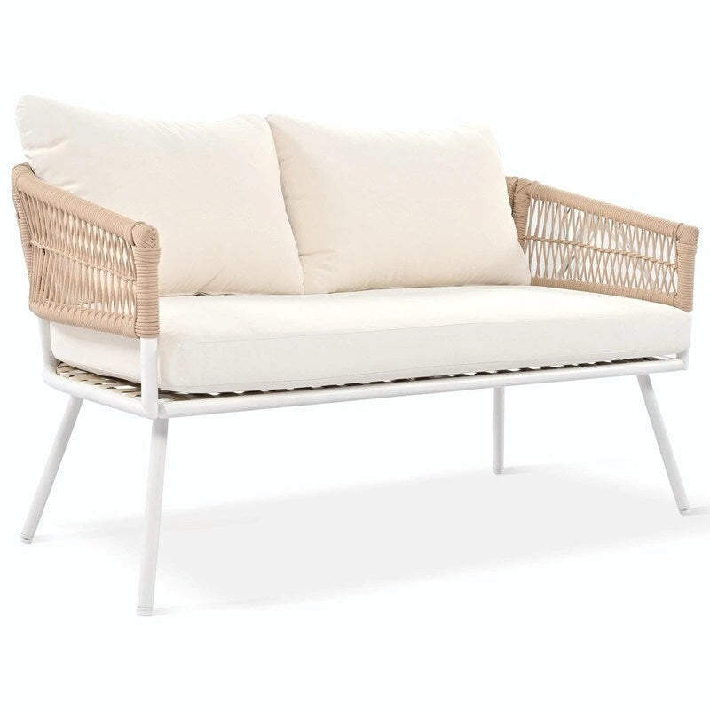 Salon de jardin bohème 4 pièces en corde : Assise d'extérieur avec table en bois d'acacia, Coussins épais