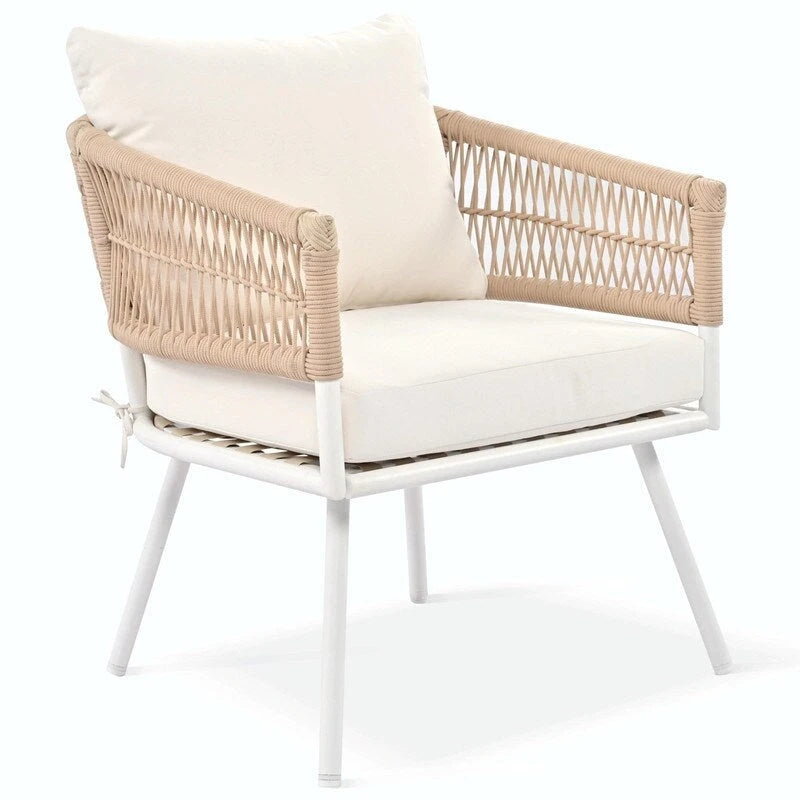 Salon de jardin bohème 4 pièces en corde : Assise d'extérieur avec table en bois d'acacia, Coussins épais