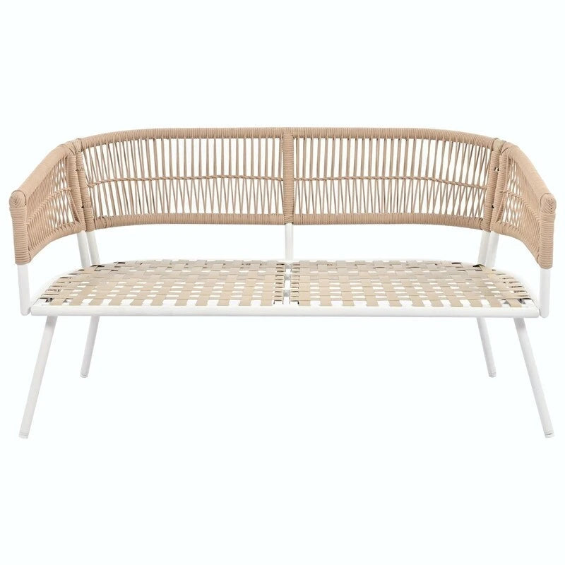 Salon de jardin bohème 4 pièces en corde : Assise d'extérieur avec table en bois d'acacia, Coussins épais