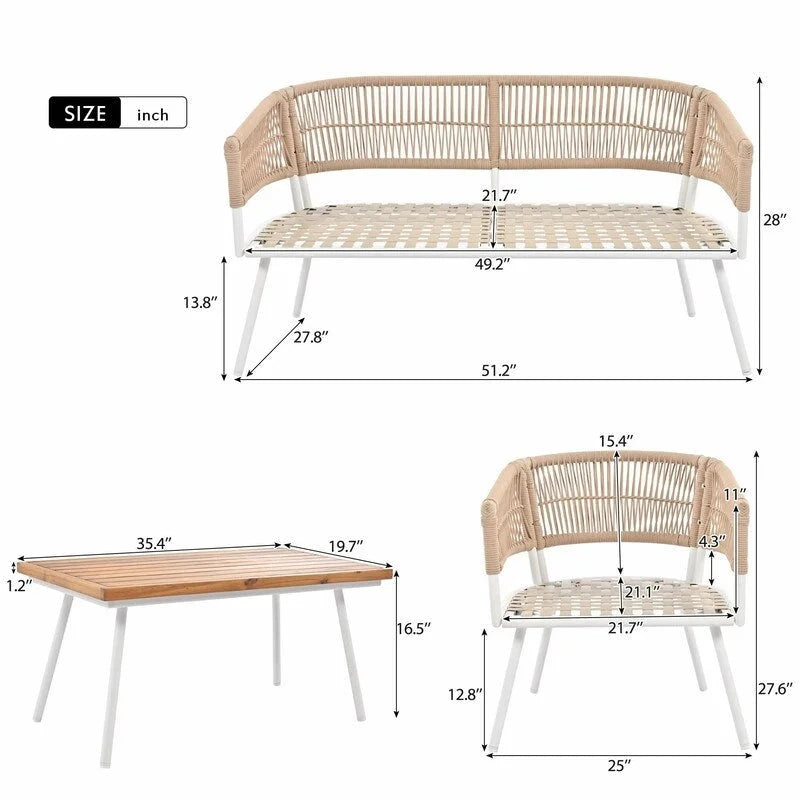 Salon de jardin bohème 4 pièces en corde : Assise d'extérieur avec table en bois d'acacia, Coussins épais
