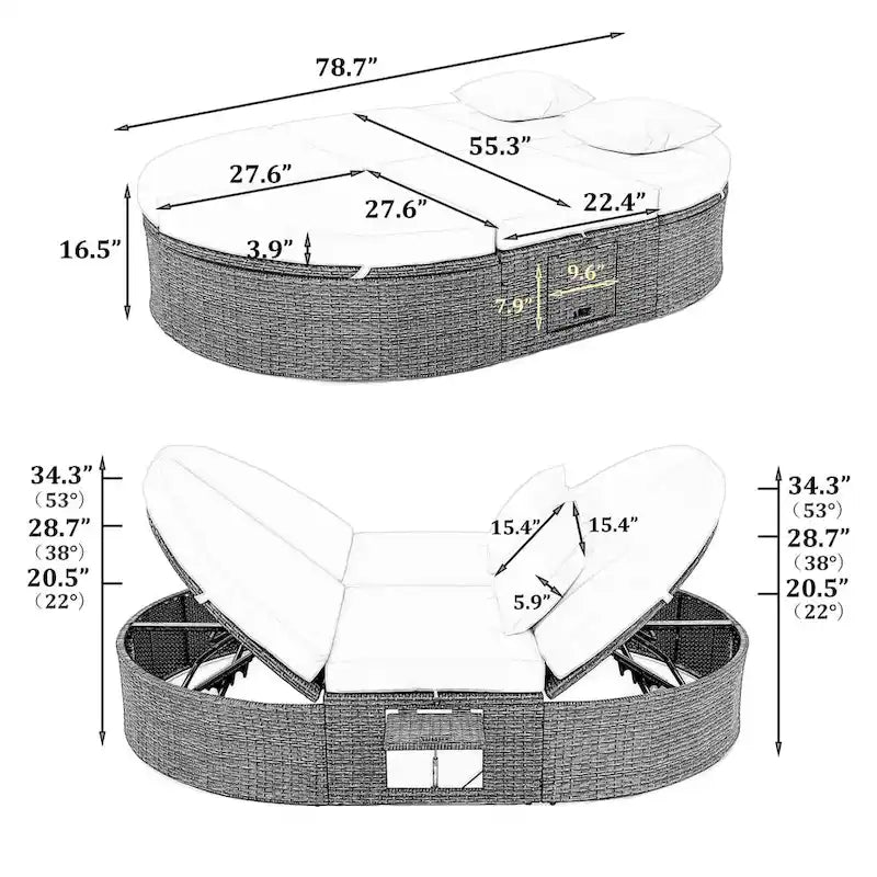 Lit de repos extérieur gris en rotin PE pour 2 personnes