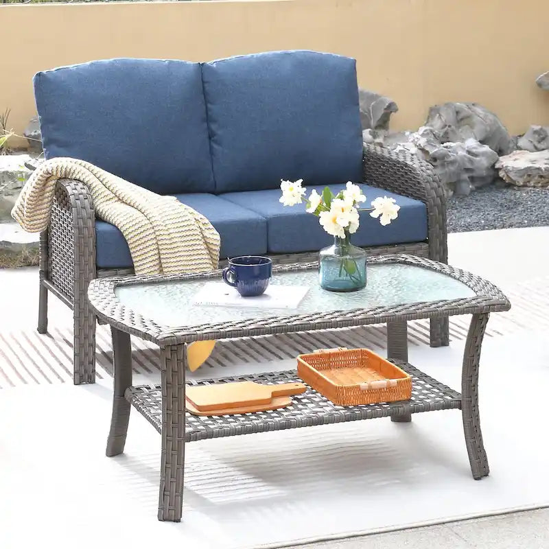 XIZZI 2-piece Outdoor Furniture Wicker Loveseat Sofa Set with Coffee Table
