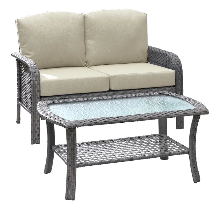 XIZZI Ensemble de conversation 2 pièces en osier avec causeuse et table basse