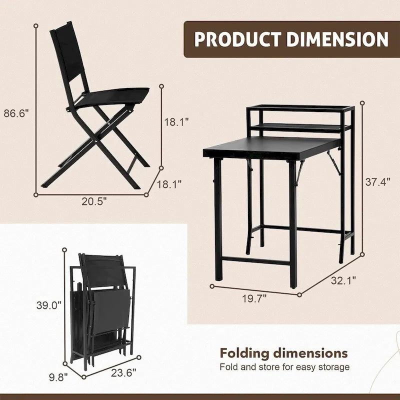 Ensemble de Bistro de Jardin 3 Pièces, Table et Chaises Pliantes de Jardin - 2 Places