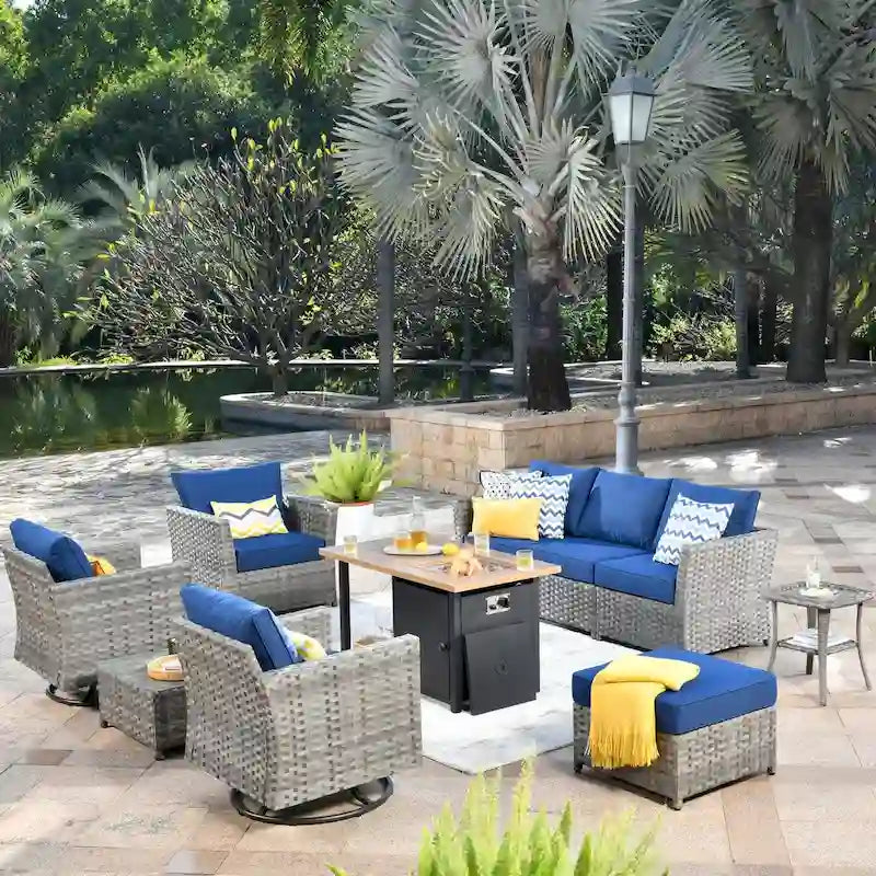 XIZZI Salon de jardin 10 pièces en rotin avec brasero