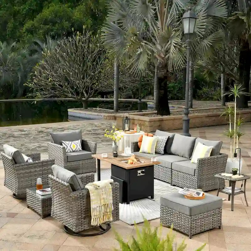 XIZZI Salon de jardin 10 pièces en rotin avec brasero