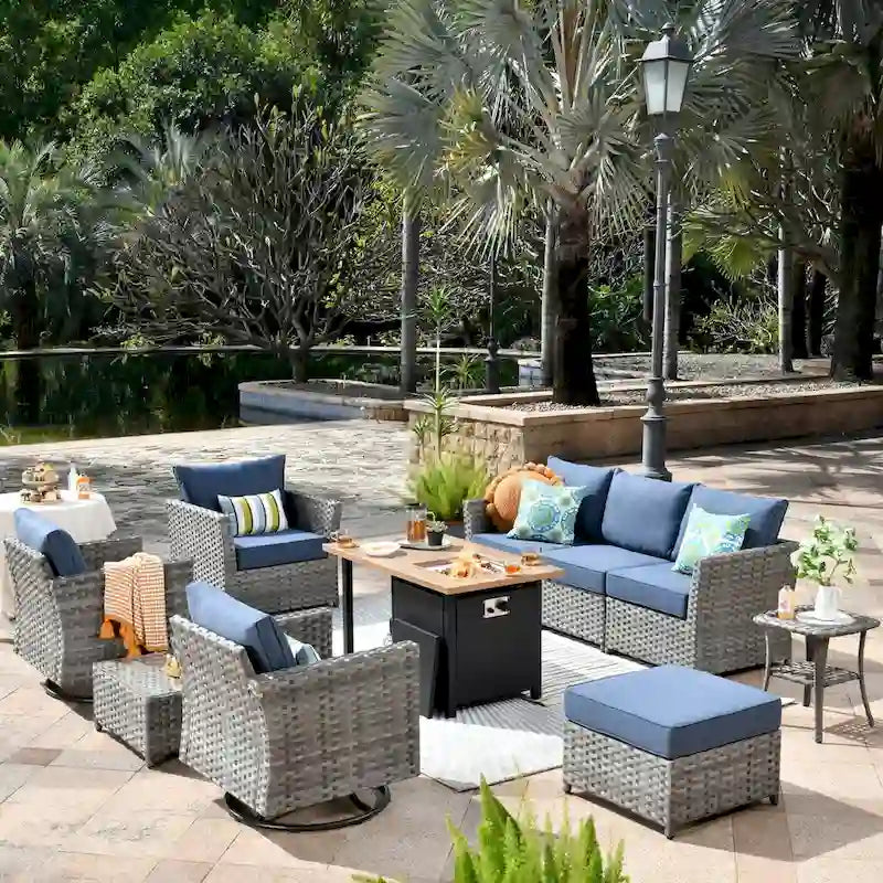 XIZZI Salon de jardin 10 pièces en rotin avec brasero