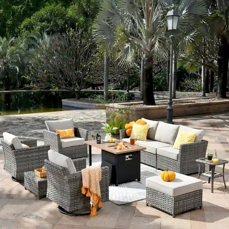 XIZZI Salon de jardin 10 pièces en rotin avec brasero