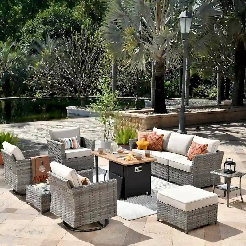 XIZZI Salon de jardin 10 pièces en rotin avec brasero