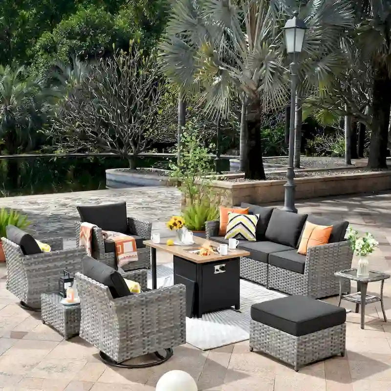 XIZZI Salon de jardin 10 pièces en rotin avec brasero