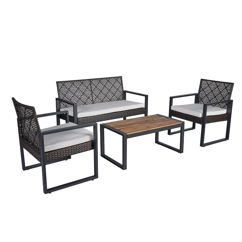 Ensemble de meubles de patio 4 pièces pour balcon extérieur, porche, jardin, cour, mobilier de pelouse, plateau de table en bois d'acacia, coussin marron et beige