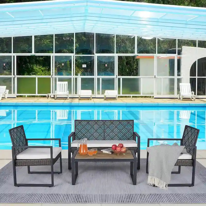 Ensemble de meubles de patio 4 pièces pour balcon extérieur, porche, jardin, cour, mobilier de pelouse, plateau de table en bois d'acacia, coussin marron et beige