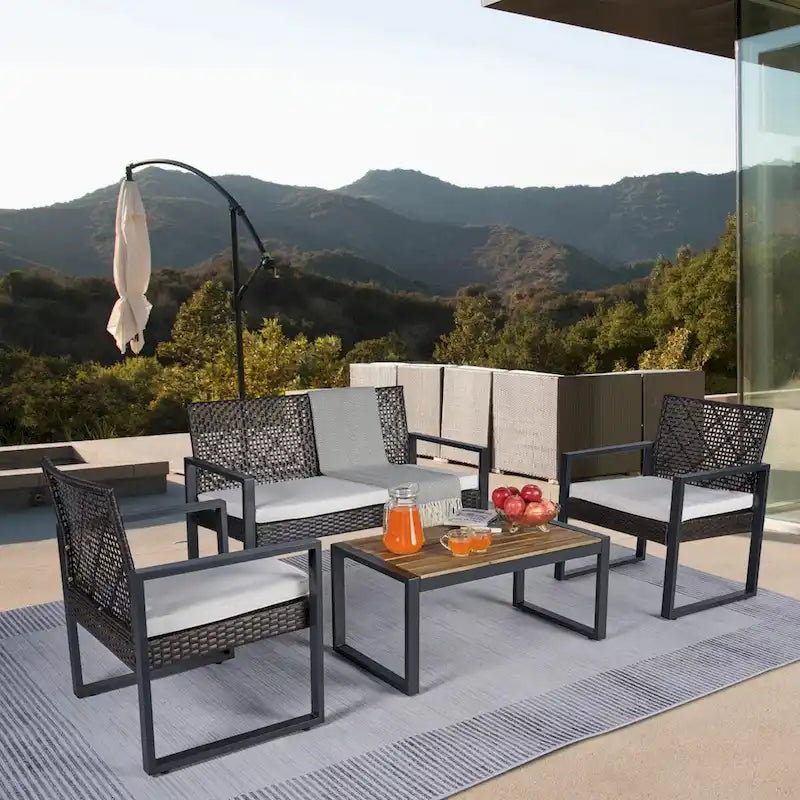 Ensemble de meubles de patio 4 pièces pour balcon extérieur, porche, jardin, cour, mobilier de pelouse, plateau de table en bois d'acacia, coussin marron et beige
