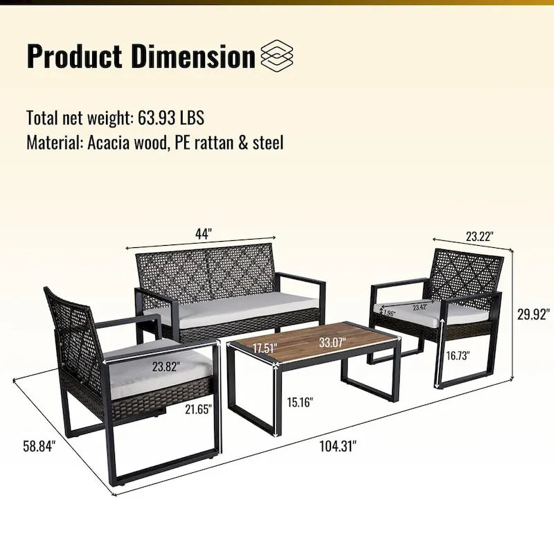 Ensemble de meubles de patio 4 pièces pour balcon extérieur, porche, jardin, cour, mobilier de pelouse, plateau de table en bois d'acacia, coussin marron et beige