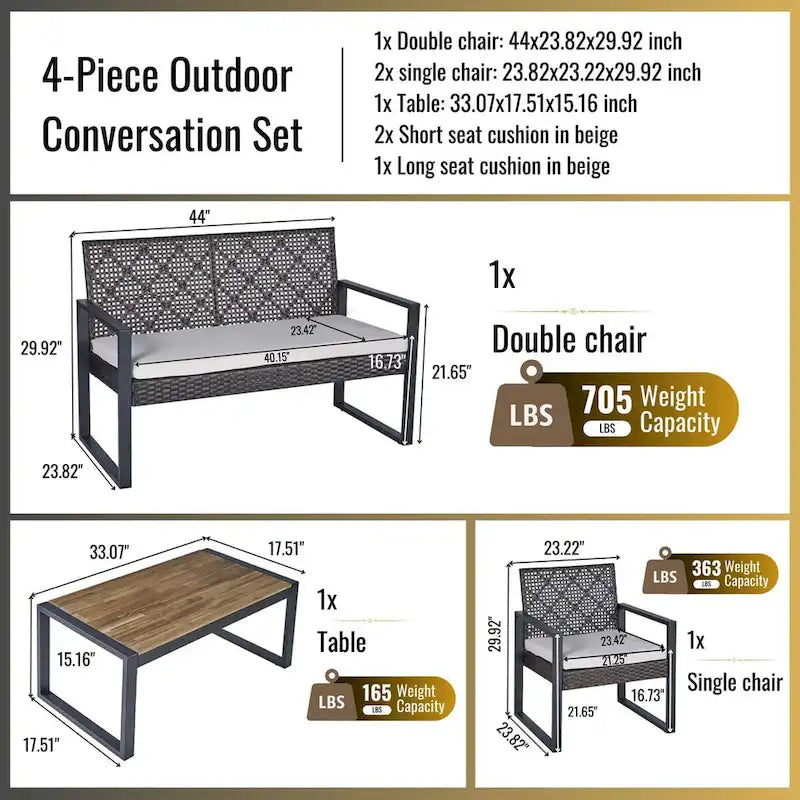 Ensemble de meubles de patio 4 pièces pour balcon extérieur, porche, jardin, cour, mobilier de pelouse, plateau de table en bois d'acacia, coussin marron et beige