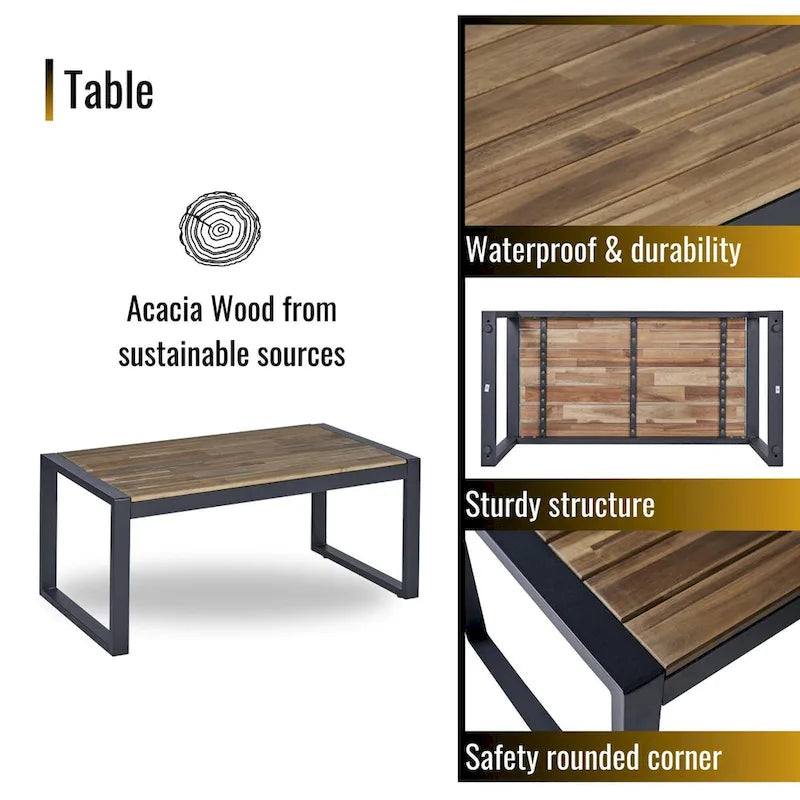 Ensemble de meubles de patio 4 pièces pour balcon extérieur, porche, jardin, cour, mobilier de pelouse, plateau de table en bois d'acacia, coussin marron et beige