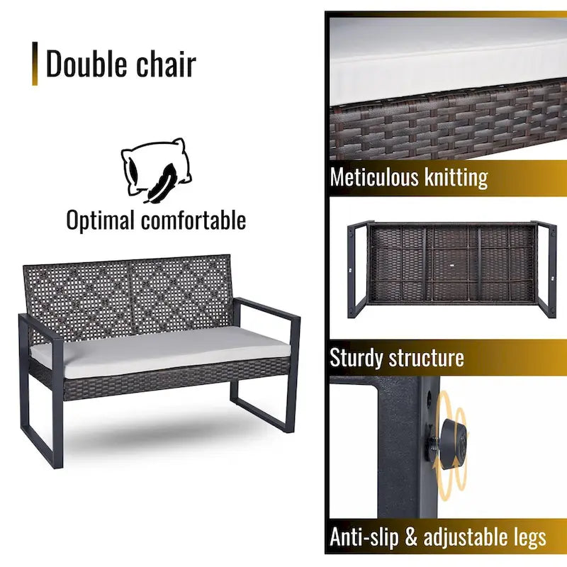 Ensemble de meubles de patio 4 pièces pour balcon extérieur, porche, jardin, cour, mobilier de pelouse, plateau de table en bois d'acacia, coussin marron et beige